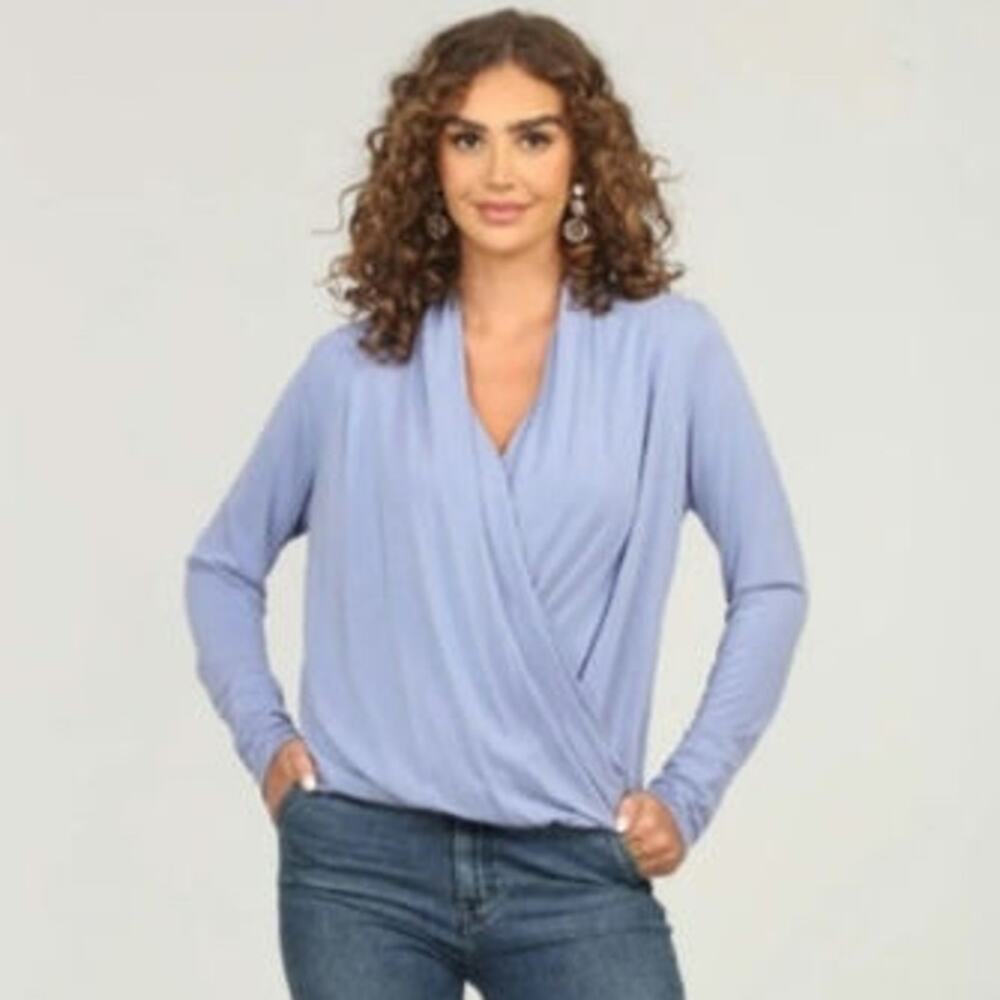 VERONICA M VISTA CUPRO DRAPED SURPLICE TOP, SIZE L *